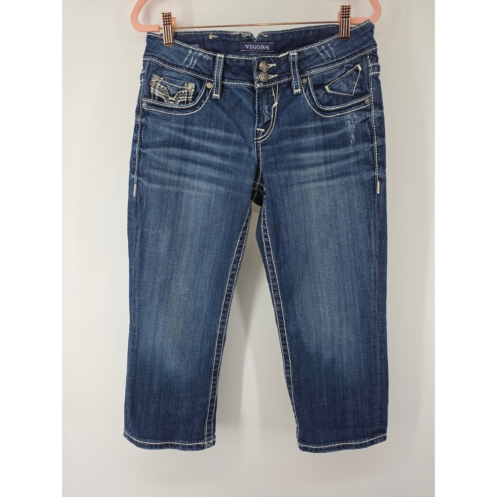 Vigoss The Chelsea Capri Jeans Dark Wash Embroidered Studded Size 5 Length 19